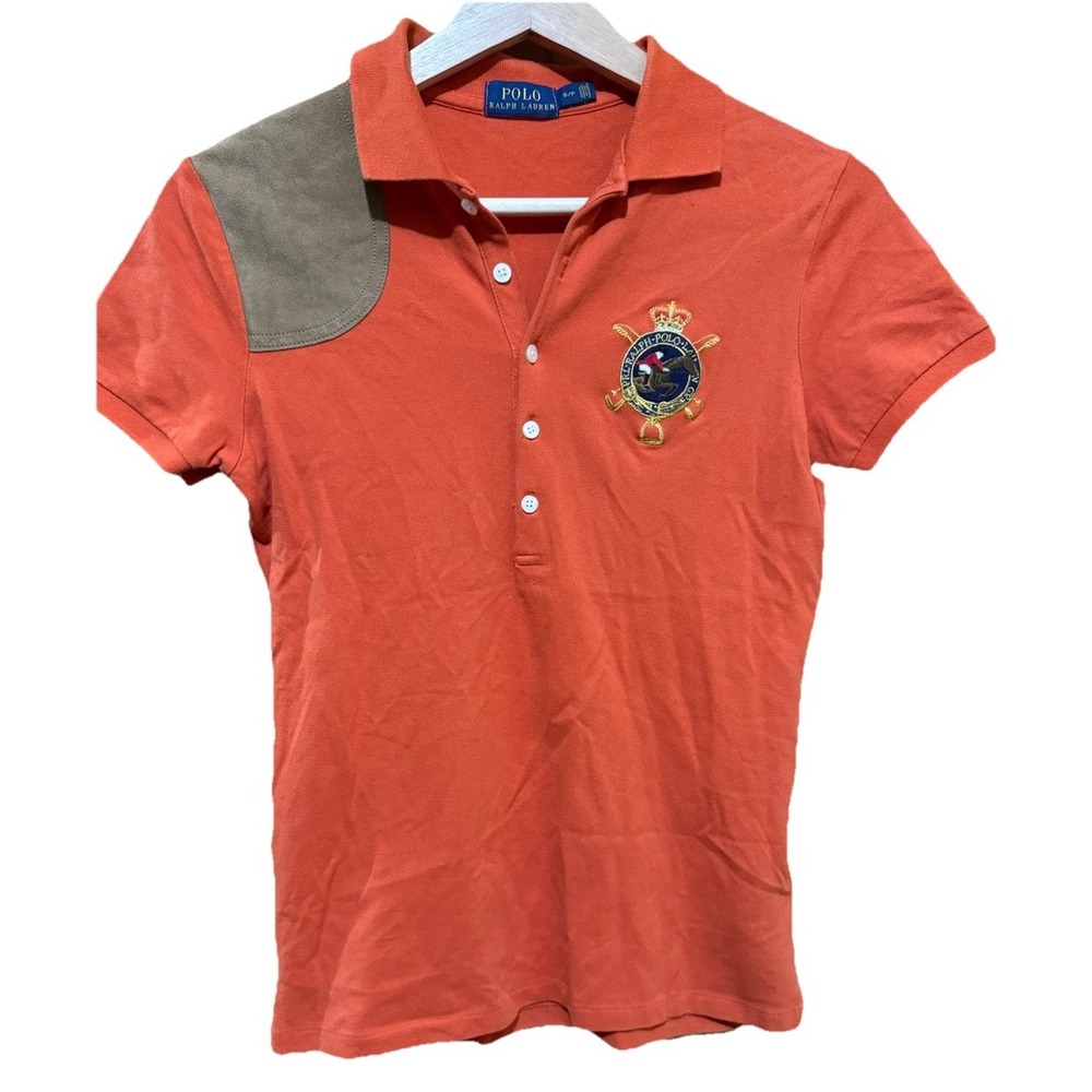Polo Ralph Lauren Sport Women's Hunt Club Orange Polo w Suede Shoulder Small‎